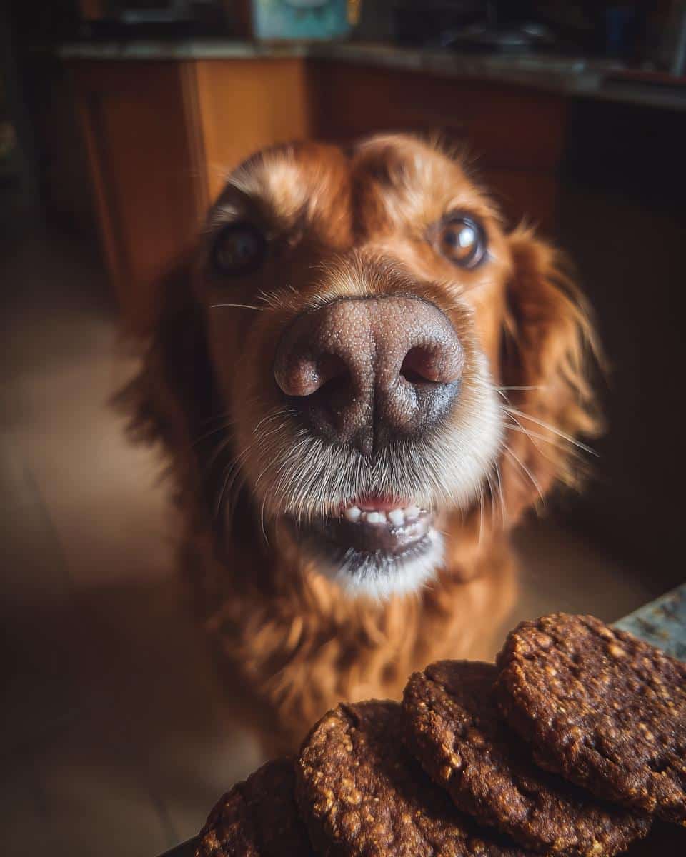 Golden Retriever looking excitedly at a plate of Peanut Butter & Carob Cookies, ready to enjoy a treat.
