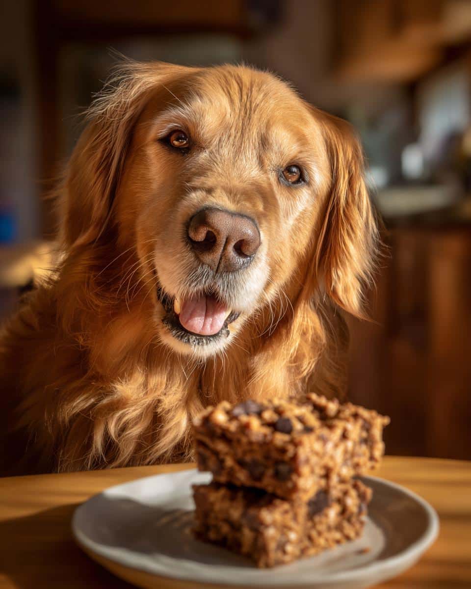 Golden Retriever looking at a stack of Peanut Butter & Carob Cookies. Recipe for Dogs.