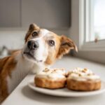 A dog longingly looks at two Peanut Butter Dog Donuts on a plate, ready for a tasty treat.