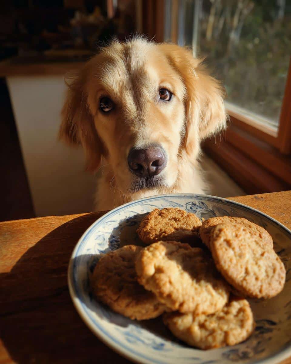 Golden Retriever dog looking longingly at a plate of Peanut Butter Honey Cookies. Recipe for Dogs.