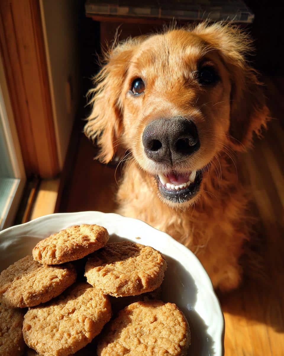 Golden Retriever dog looking at a bowl of Peanut Butter Honey Cookies, ready to enjoy a treat.