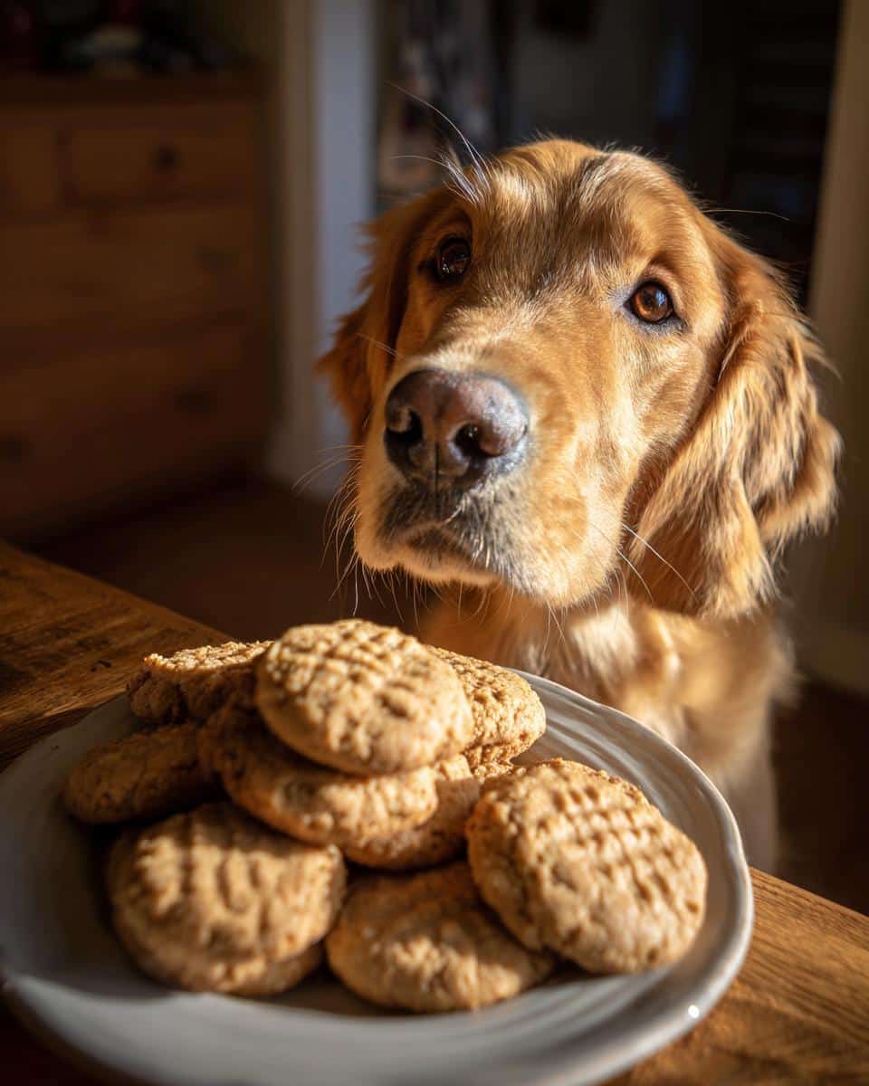 Golden retriever looking longingly at a plate of Peanut Butter Honey Cookies – Recipe for Dogs.