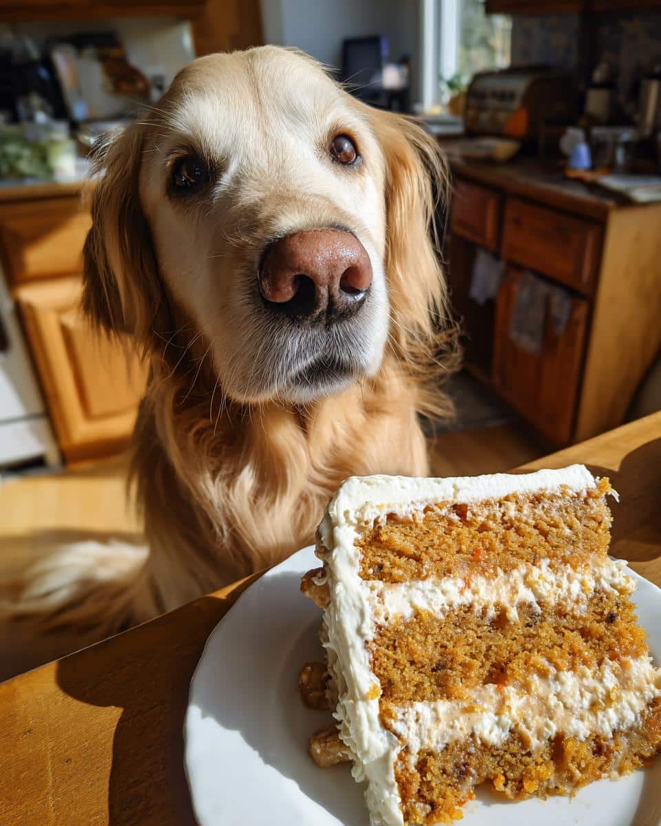 Golden retriever looks longingly at a slice of Peanut Butter Pumpkin Cake made for dogs.