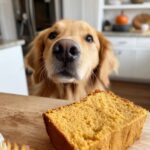 Golden retriever looking longingly at a slice of Peanut Butter Pumpkin Cake made for dogs.