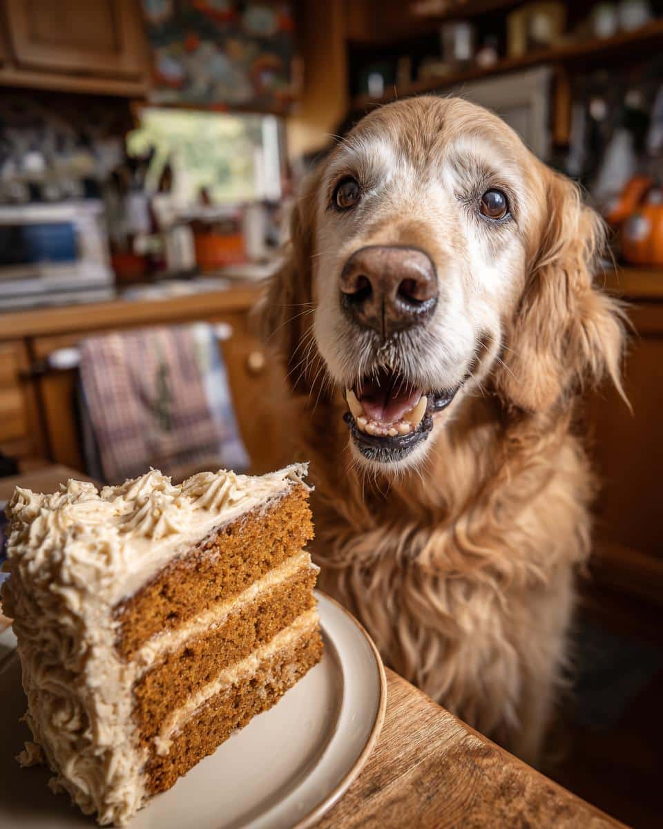 A happy dog looks at a slice of Peanut Butter Pumpkin Cake. Recipe for Dogs.