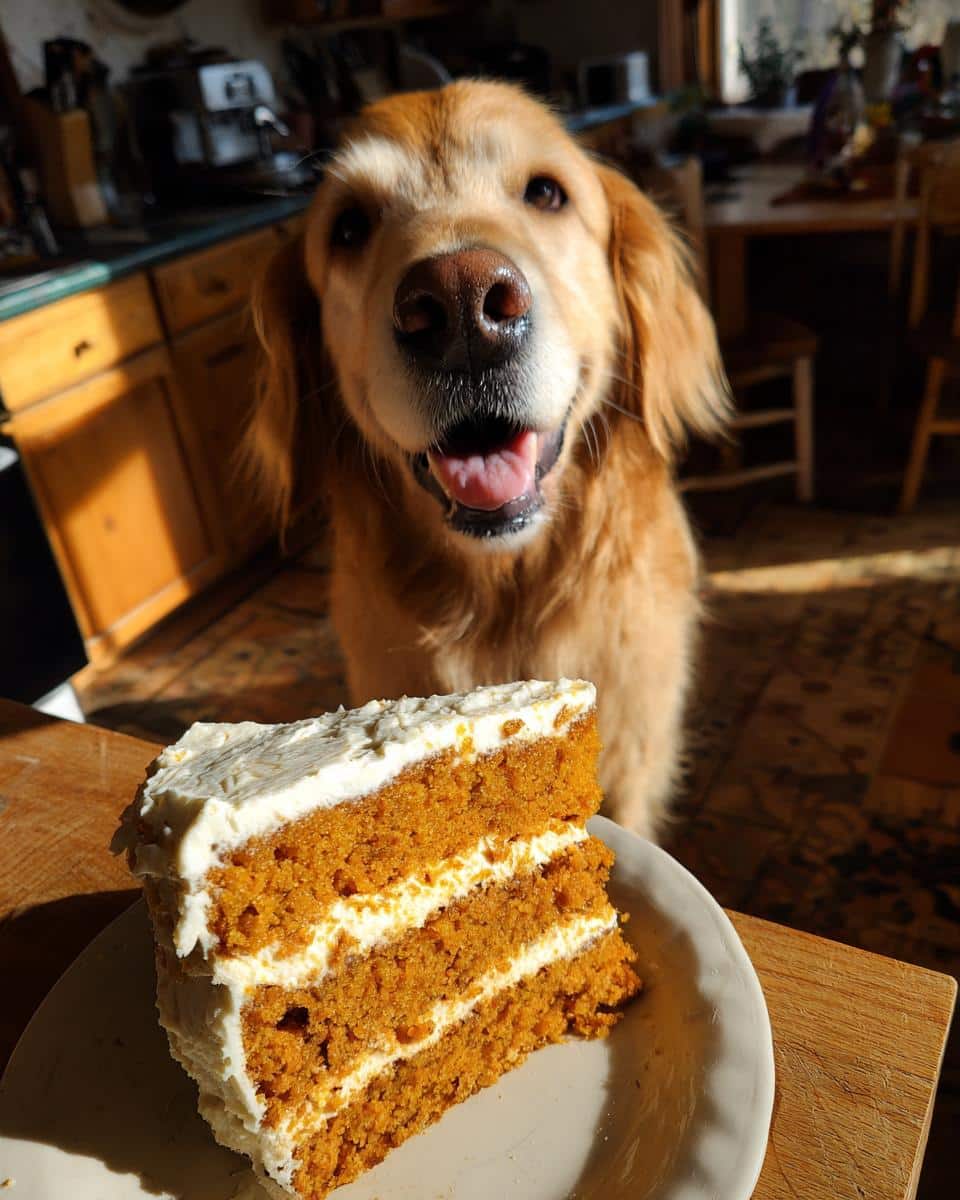 Golden retriever looking at a slice of Peanut Butter Pumpkin Cake – Recipe for Dogs.