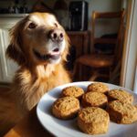Golden retriever looking hopefully at a plate of Peanut Butter Pumpkin Cookies – Recipe for Dogs.
