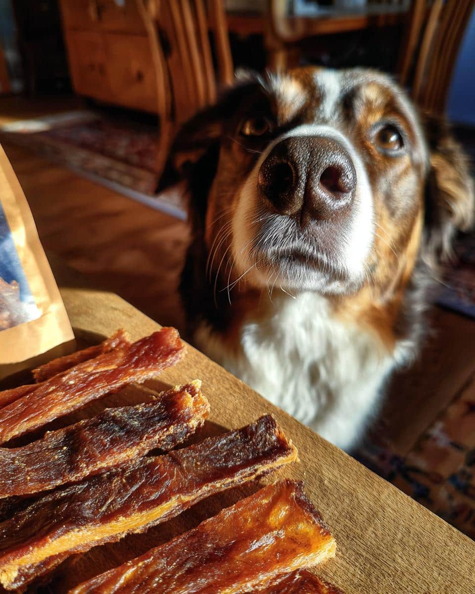 Dog eagerly looking at Potato & Chicken Jerky Strips on a wooden board.