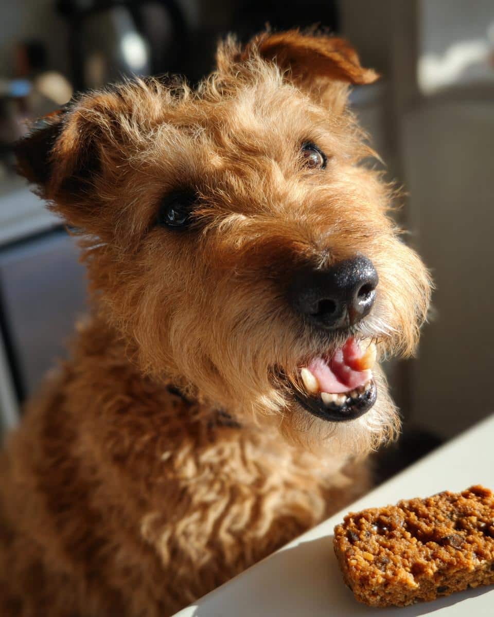 An Irish Terrier dog excitedly awaits a Pumpkin & Chia Seed Treat. Focus on the dog and the treat.