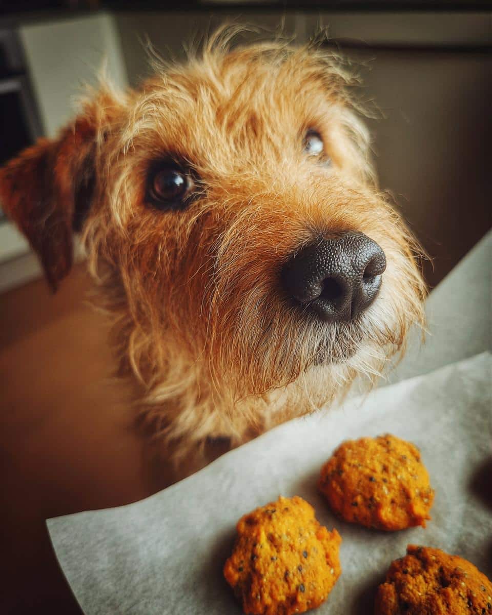 A cute dog gazes longingly at a tray of homemade Pumpkin & Chia Seed Treats.