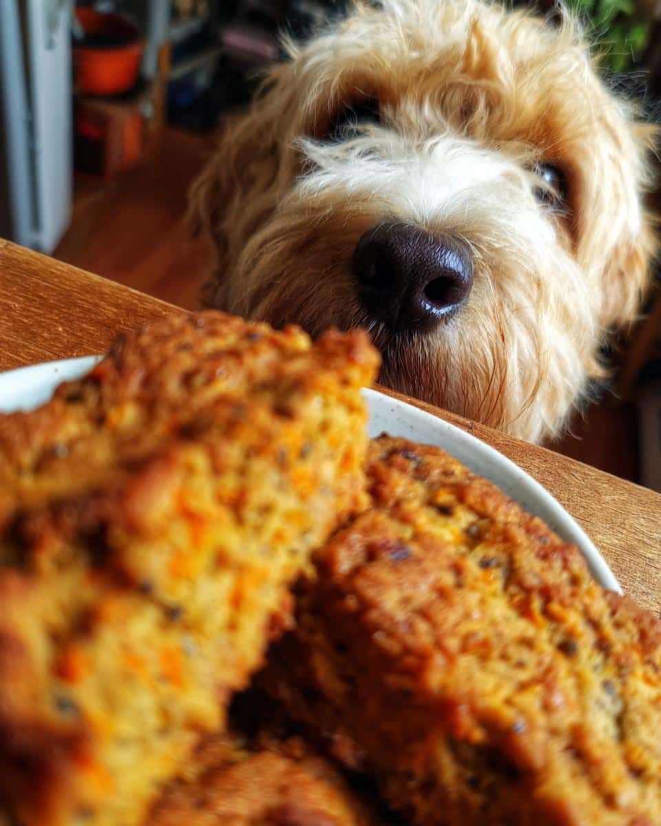A cute dog looks longingly at a plate of Pumpkin & Chia Seed Treats.