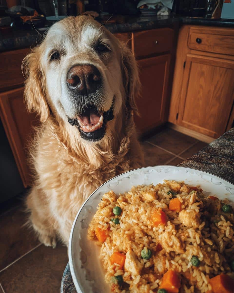 Golden Retriever looking at a bowl of Pumpkin & Chicken Dog Food for Digestion. Happy dog!