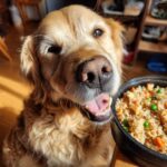 Golden Retriever eagerly awaits Pumpkin & Chicken Dog Food for Digestion, served in a black bowl.