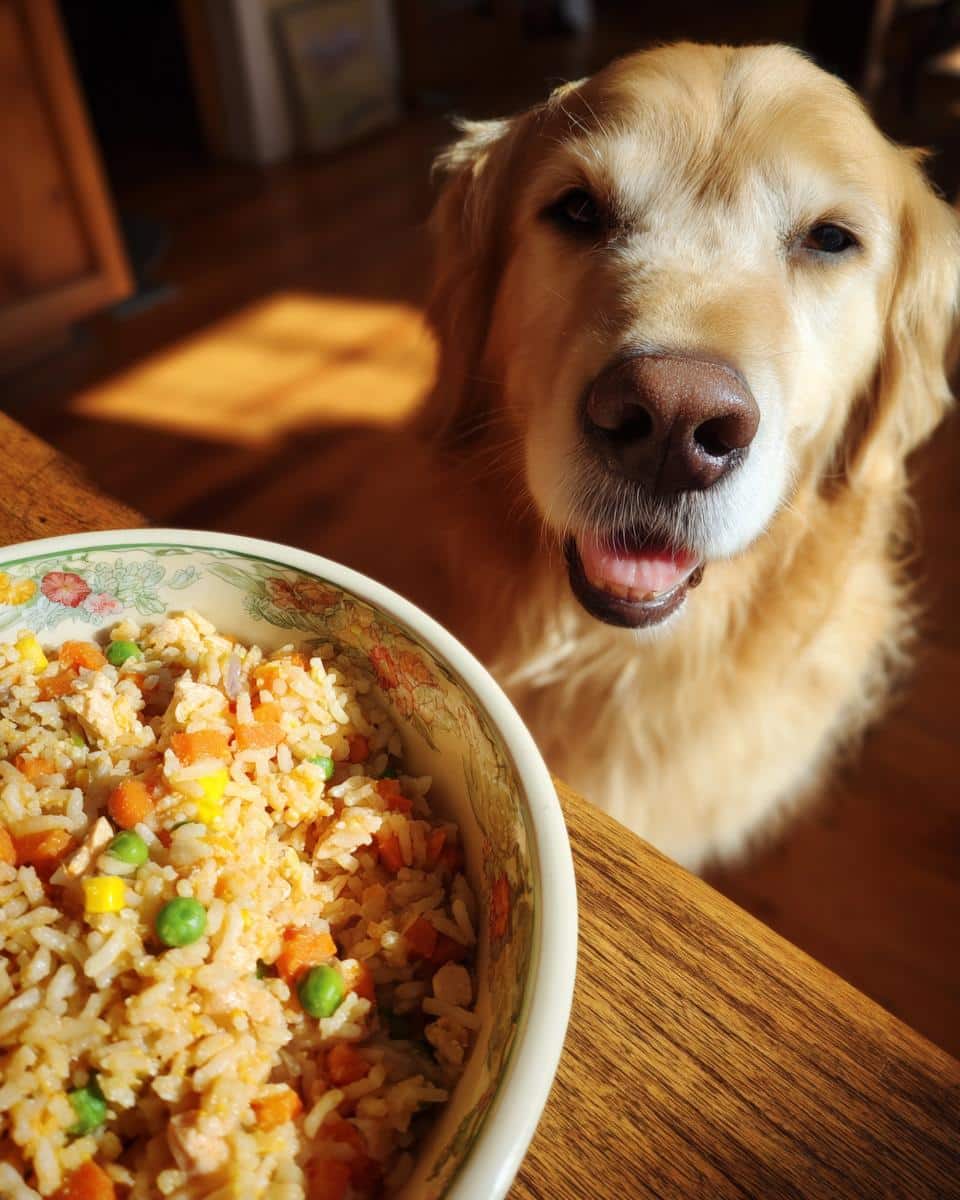 Golden retriever looking at a bowl of Pumpkin & Chicken Dog Food for Digestion, ready to eat.