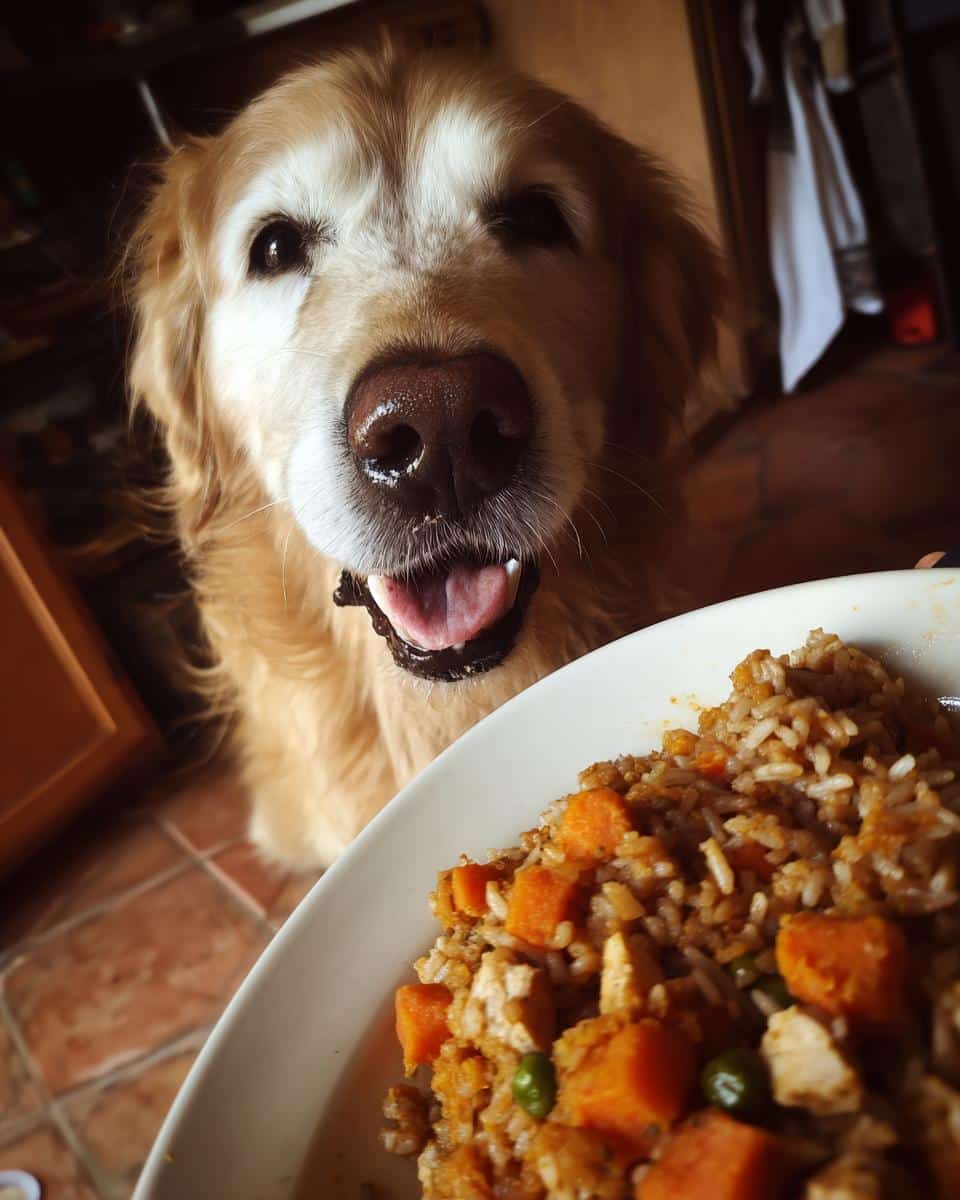 Golden retriever eagerly awaits a bowl of Pumpkin & Chicken Dog Food for Digestion.