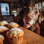 A brown dog eagerly looks at a batch of Pumpkin & Coconut Muffins topped with coconut flakes on a wooden surface.