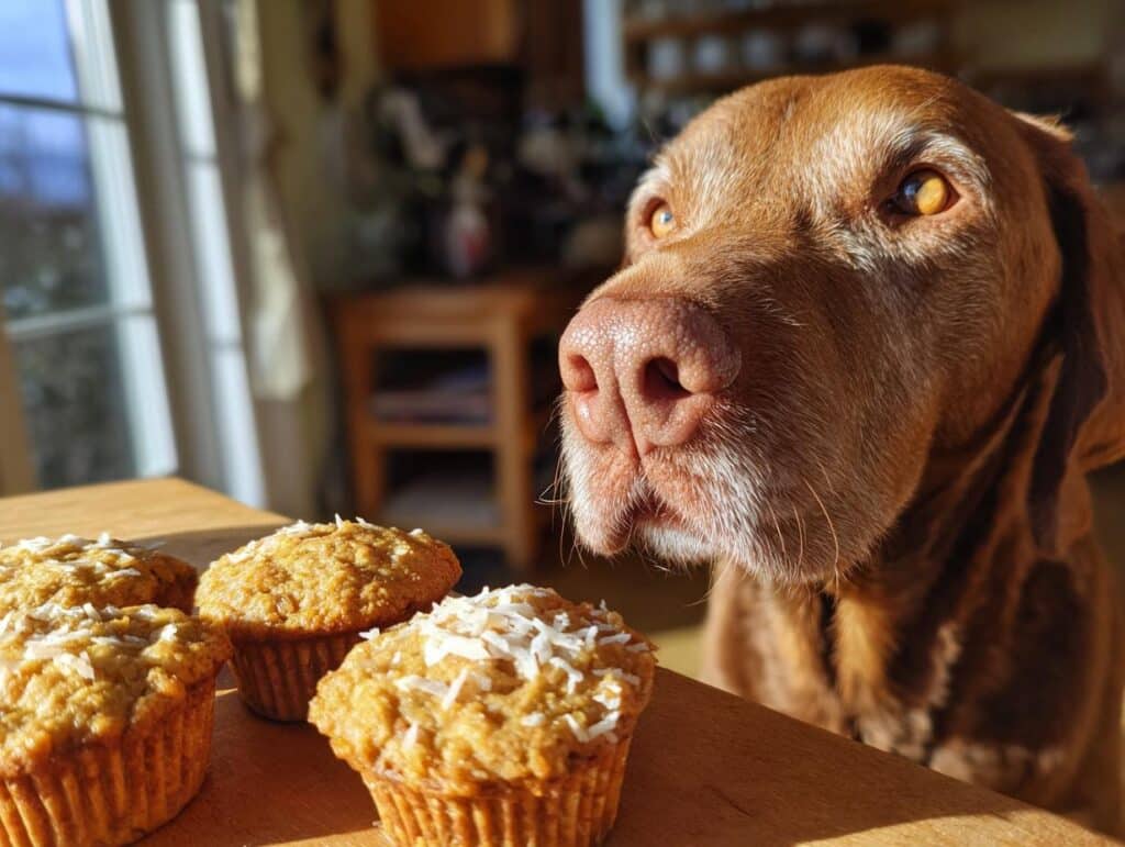 A Vizsla dog longingly looks at Pumpkin & Coconut Muffins on a wooden table in a sunny kitchen.