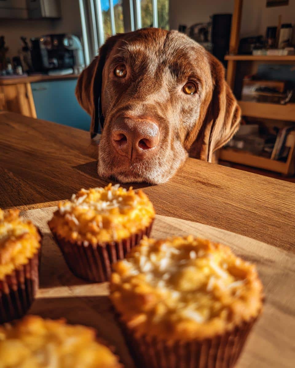 A brown labrador looks longingly at Pumpkin & Coconut Muffins. The dog is resting its head on the counter.