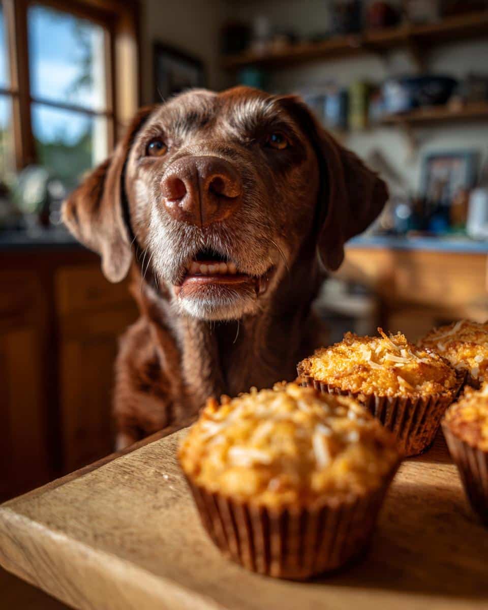 A brown dog looks longingly at a batch of Pumpkin & Coconut Muffins. Treats are on a wooden board.