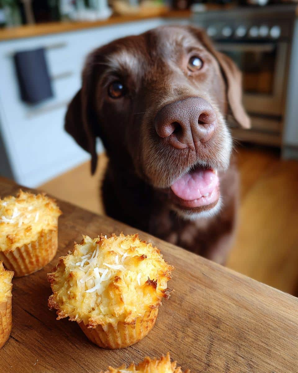 Brown Labrador looking longingly at Pumpkin & Coconut Muffins – Recipe for Dogs on a wooden surface.