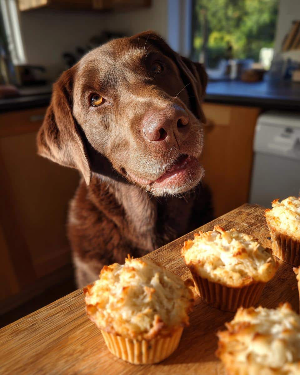 A chocolate lab looking longingly at a batch of Pumpkin & Coconut Muffins – Recipe for Dogs.