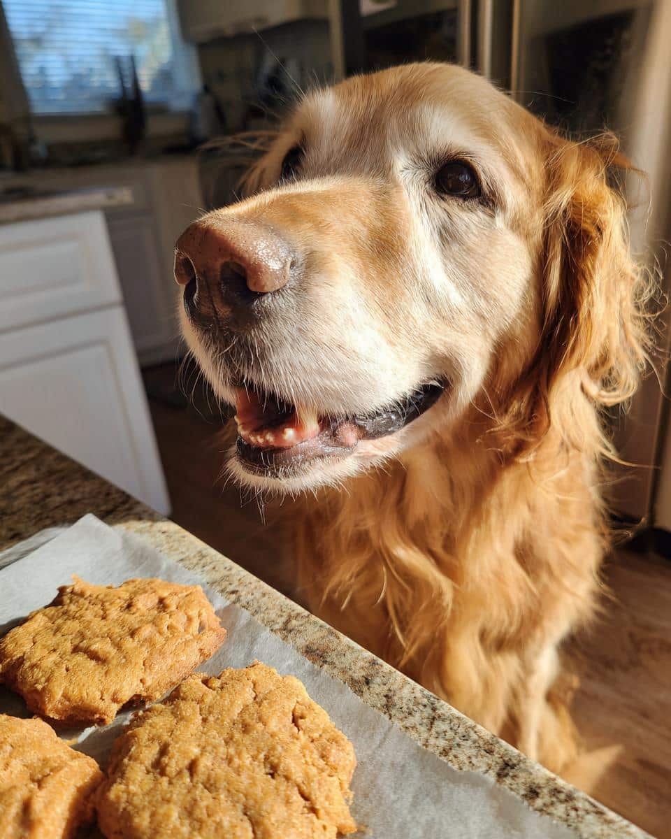 Golden Retriever dog looking at a tray of freshly baked Pumpkin Peanut Butter Biscuits.