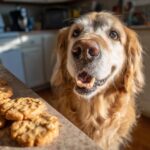 Golden Retriever dog looking longingly at Pumpkin Peanut Butter Biscuits. Recipe for Dogs.