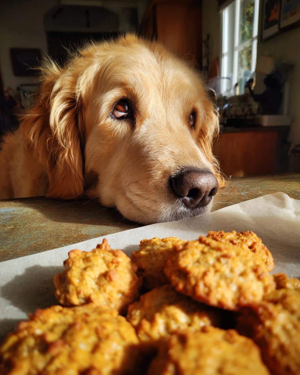 Golden Retriever dog longingly looking at a tray of freshly baked Pumpkin Peanut Butter Biscuits.