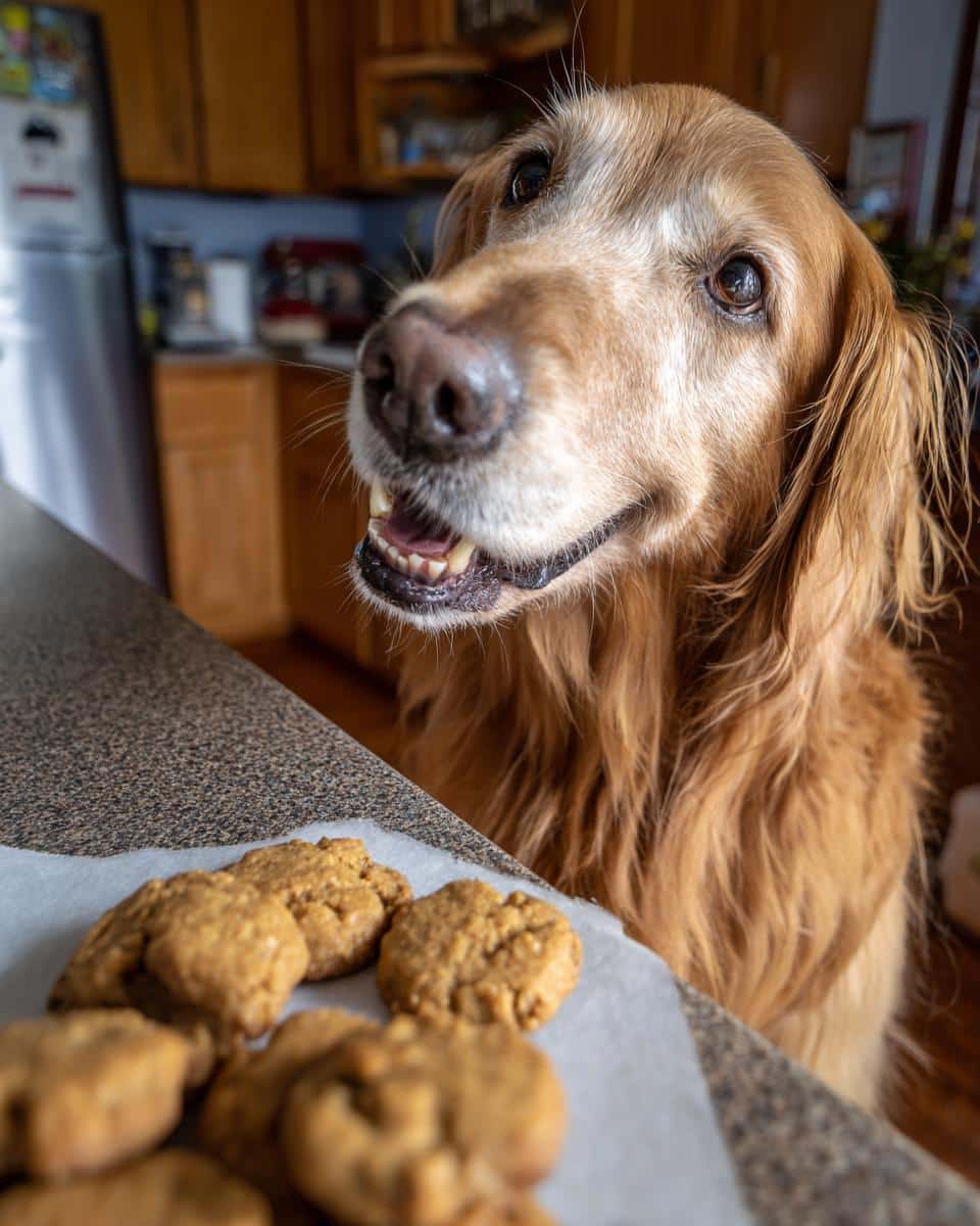Golden Retriever looking longingly at a plate of Pumpkin Peanut Butter Biscuits – Recipe for Dogs.