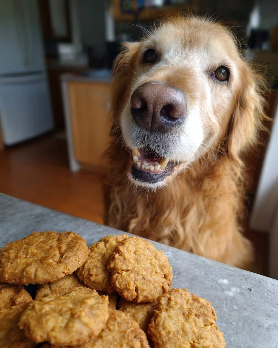 Golden Retriever dog looking at a pile of Pumpkin Peanut Butter Biscuits, ready to eat!