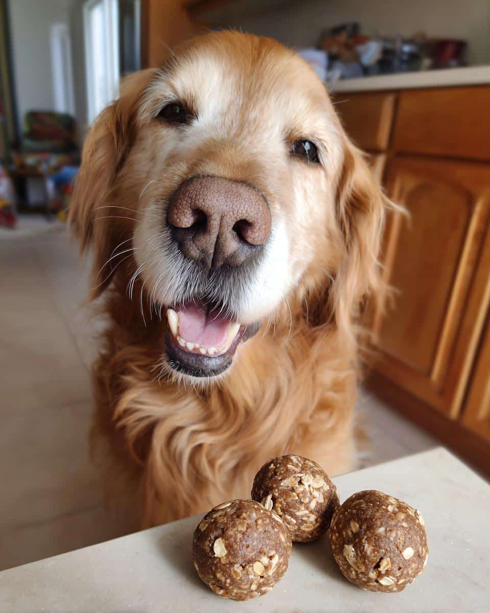 Golden Retriever looking at the camera with Pumpkin Peanut Butter Energy Balls for dogs in the foreground.