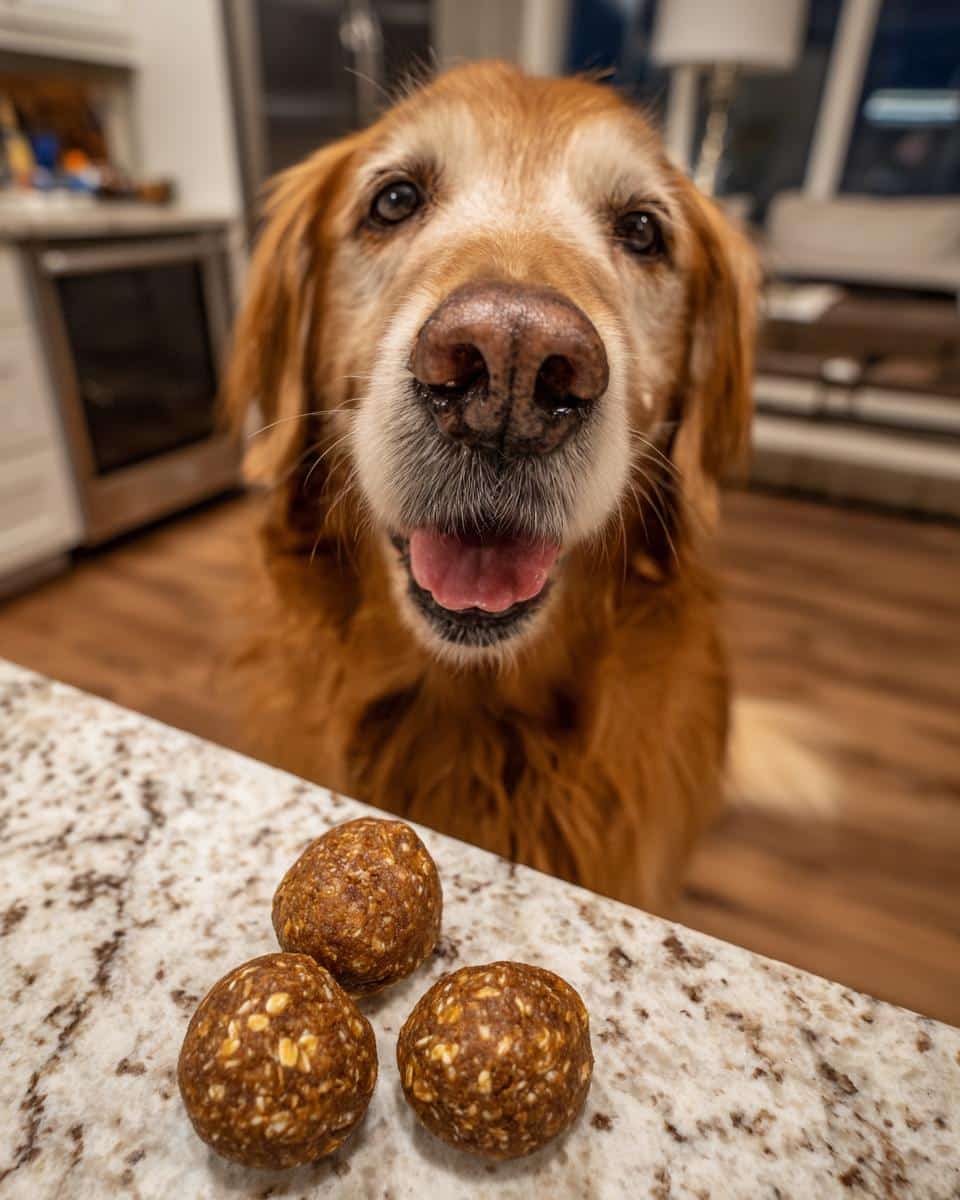 Golden retriever looking at Pumpkin Peanut Butter Energy Balls, a dog treat recipe.