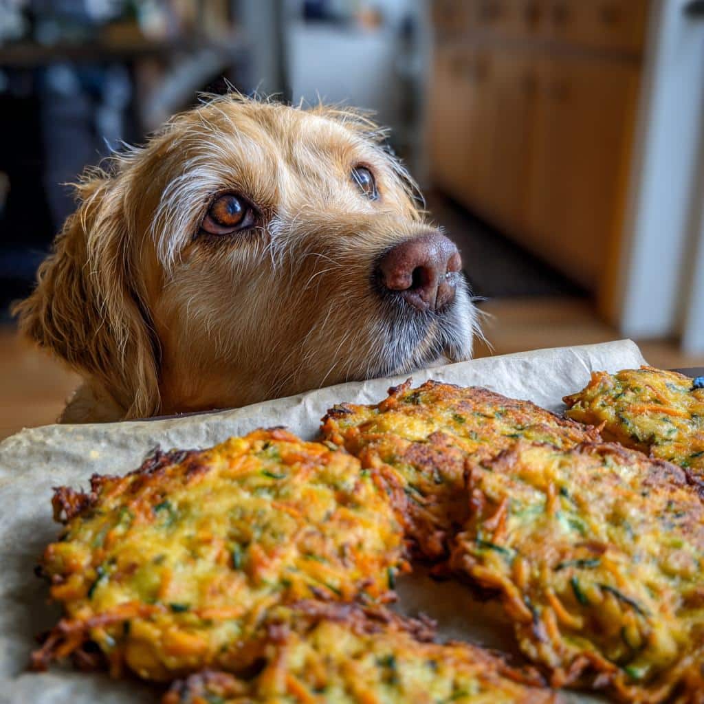 A cute dog longingly looks at a tray of treats, likely Pumpkin & Peanut Butter Smoothie recipe for dogs.