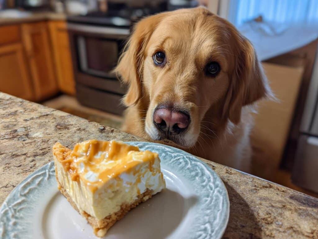 Golden retriever looking longingly at a slice of Pumpkin Pie Bites on a plate.