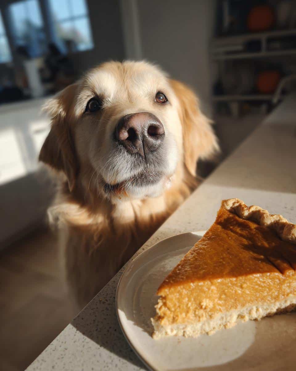 Golden Retriever dog looking longingly at a slice of Pumpkin Pie Bites, a recipe for dogs.