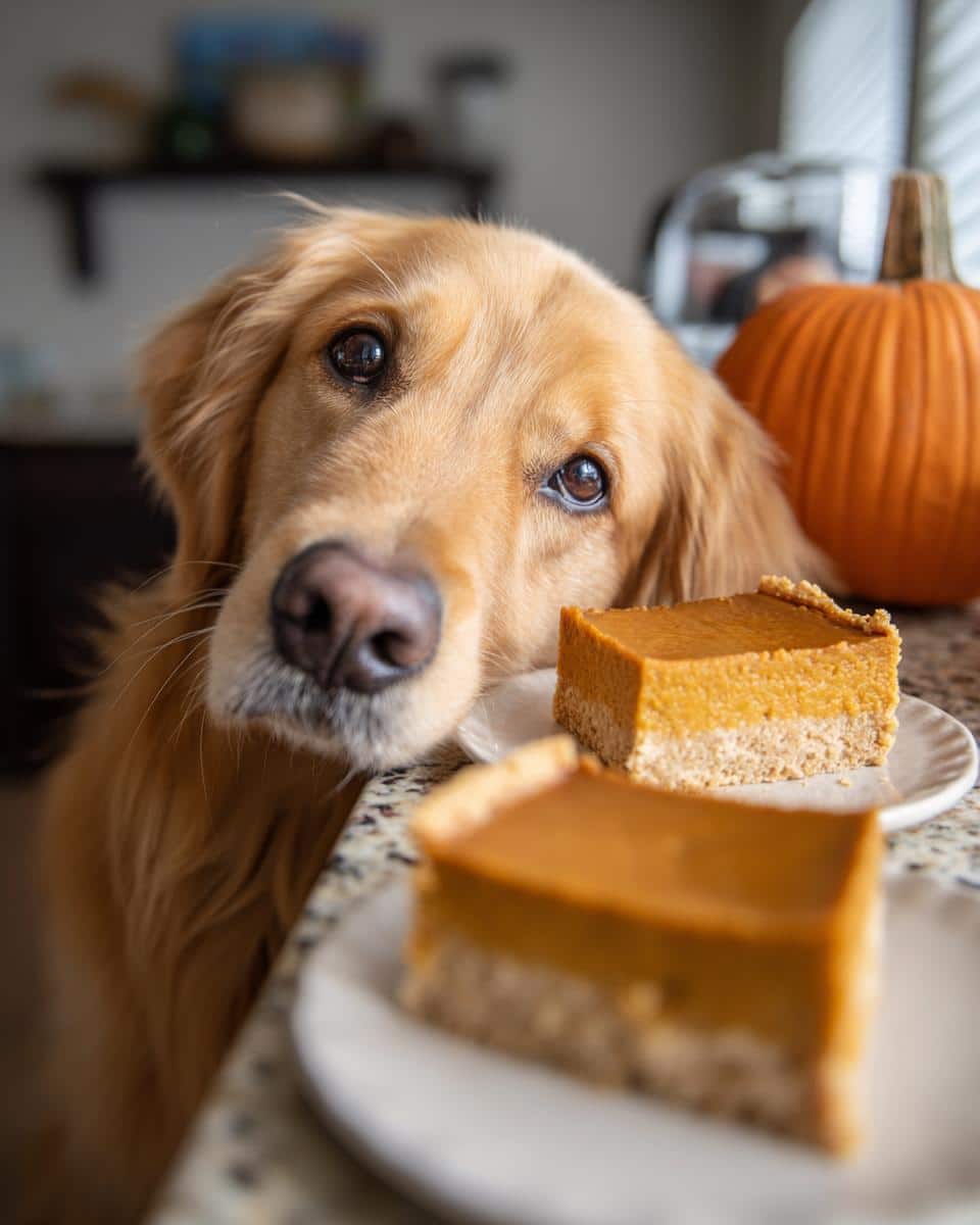 Golden retriever looking longingly at two Pumpkin Pie Bites – Recipe for Dogs, with a pumpkin in the background.
