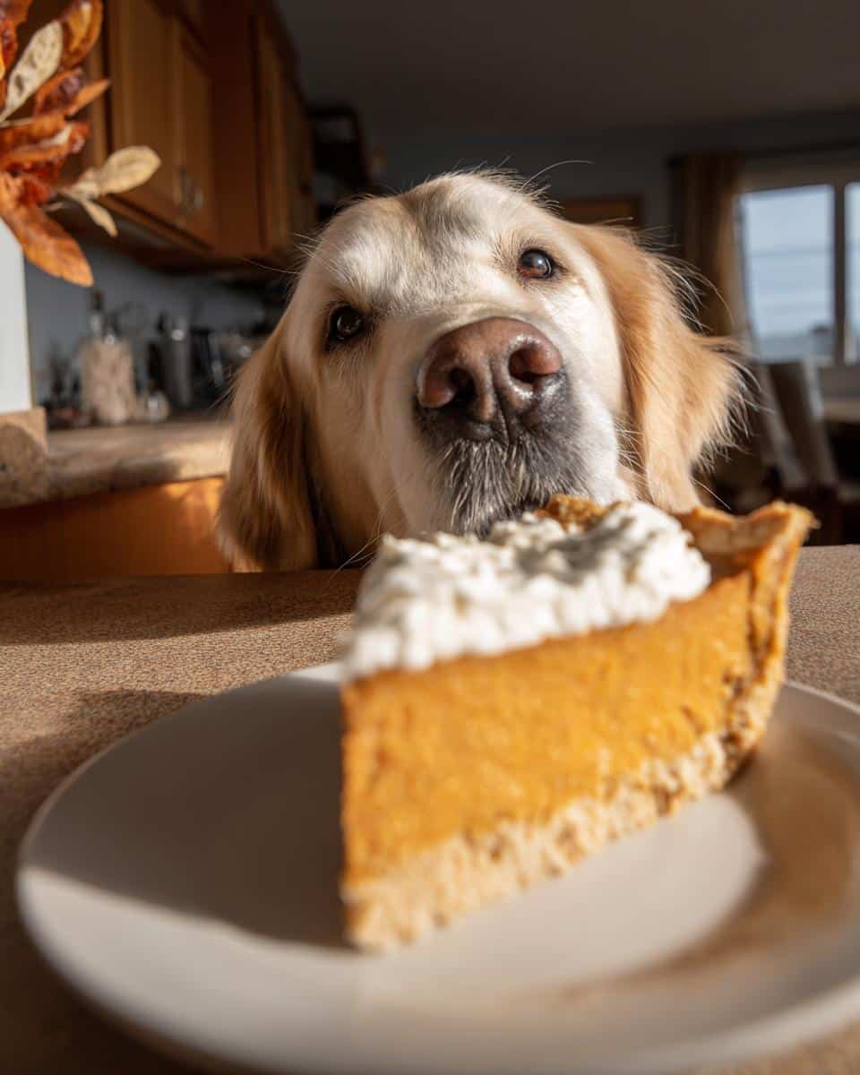 Golden retriever dog longingly looking at a slice of pumpkin pie, a recipe for Pumpkin Pie Bites for Dogs.