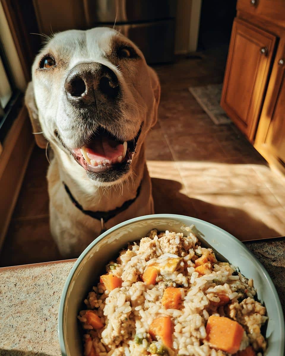 Excited dog looking at a bowl of Pumpkin & Turkey Best Dog Recipe, ready to eat.