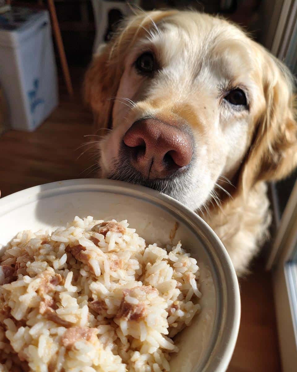 Golden retriever dog eagerly awaits a bowl of raw chicken liver & rice dog recipe.