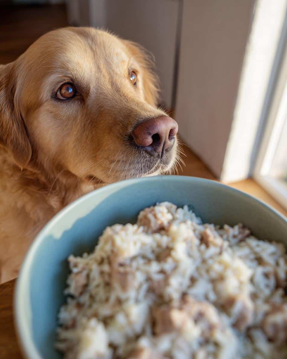 Golden Retriever looking longingly at a bowl of Raw Chicken Liver & Rice Dog Recipe.