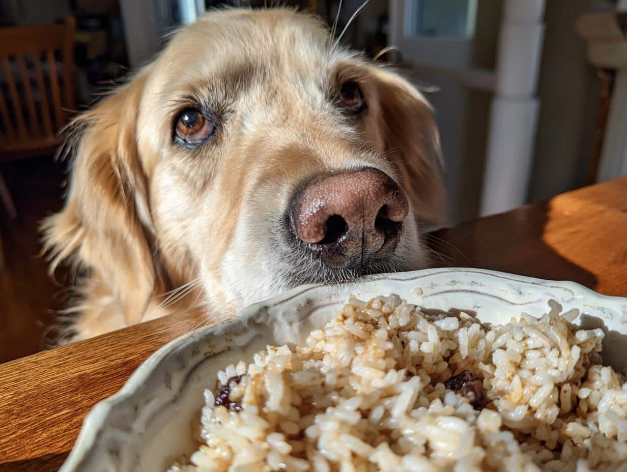 Golden Retriever dog looking longingly at a bowl of Raw Chicken Liver & Rice Dog Recipe.