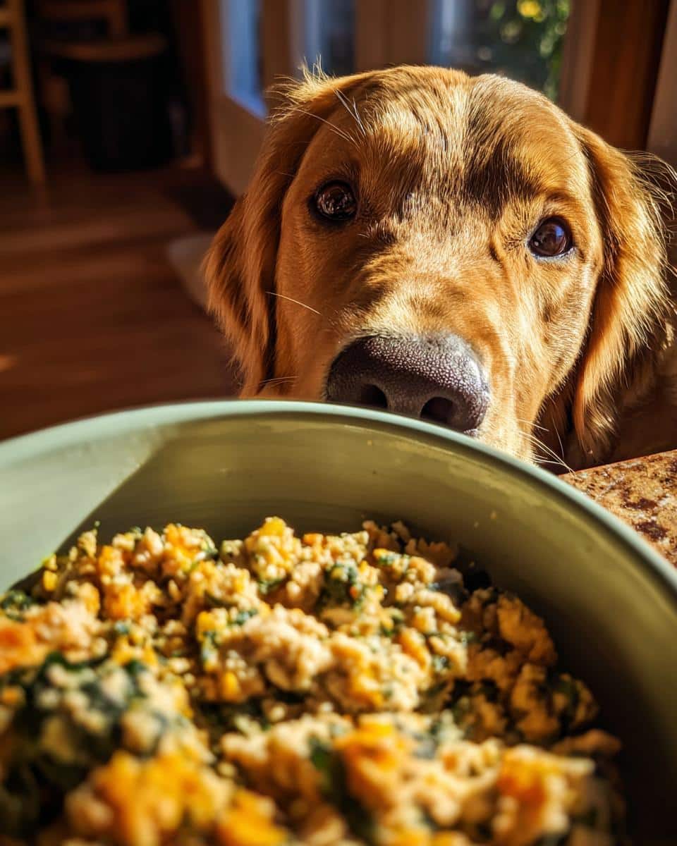 Golden retriever dog eagerly looking at a bowl of Raw Chicken & Pumpkin Dog Food. Focus on the dog's face.