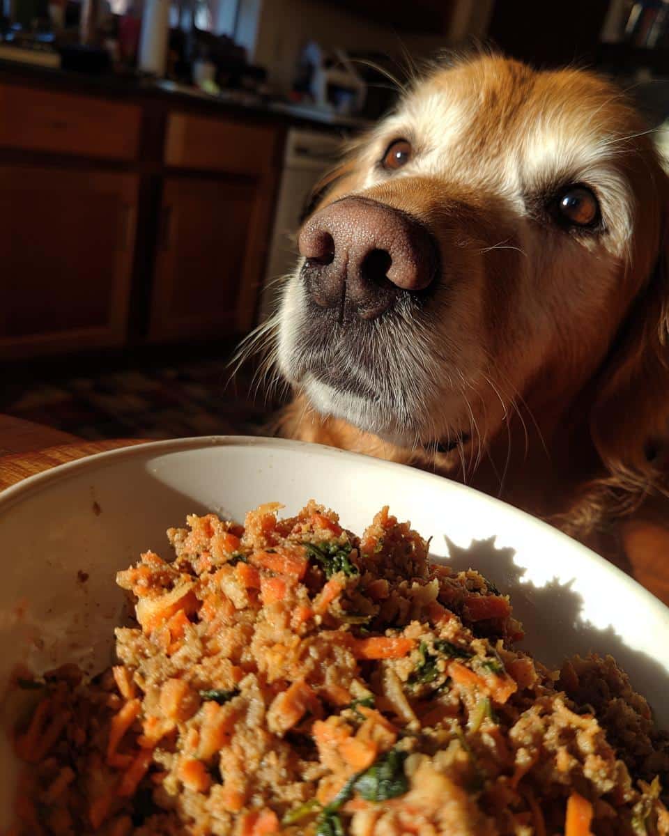 Golden retriever looks longingly at a bowl of Raw Lamb & Carrot Dog Food.