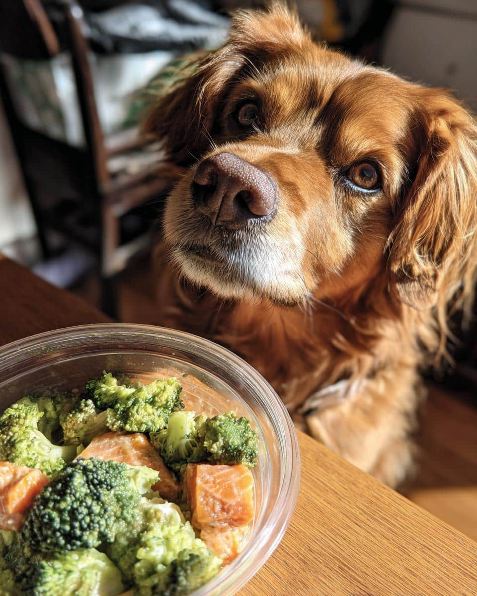 A cute dog looks longingly at a bowl of Raw Salmon & Broccoli Dog Food.