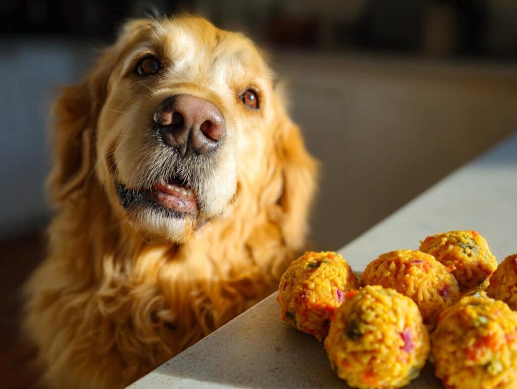 Golden Retriever looking longingly at a plate of Rice & Veggie Balls – Recipe for Dogs.