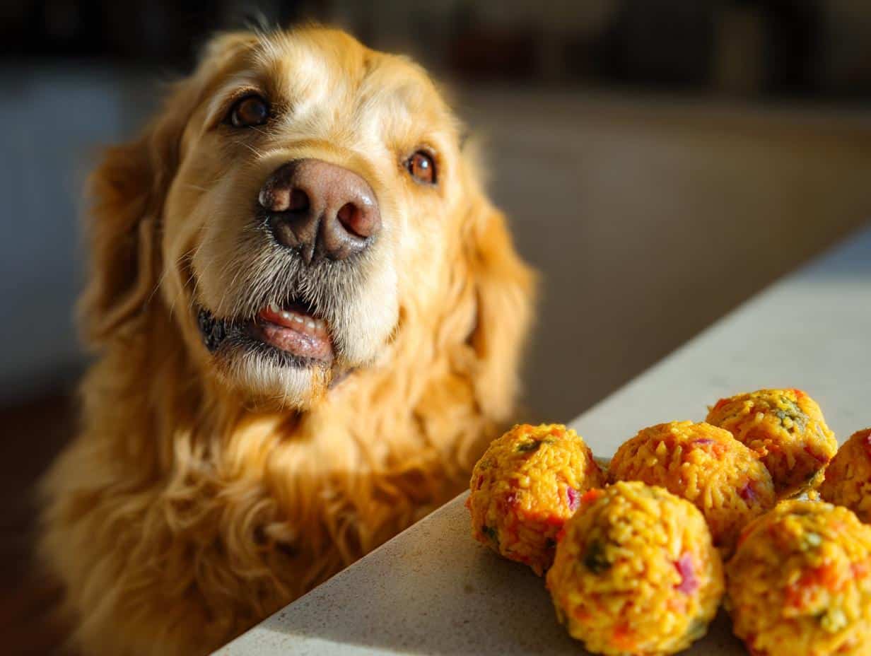 Golden Retriever looking longingly at a plate of Rice & Veggie Balls – Recipe for Dogs.