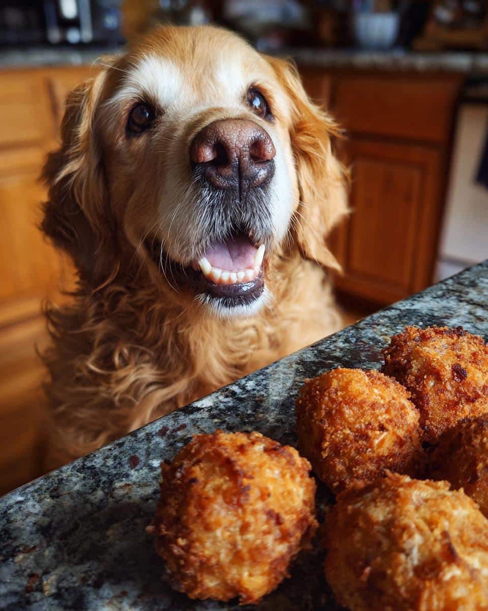 Golden retriever looking longingly at a batch of Salmon & Broccoli Nuggets, a delicious dog treat.