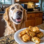 Golden Retriever eagerly awaits a plate of Salmon & Broccoli Nuggets. Delicious dog treat recipe.