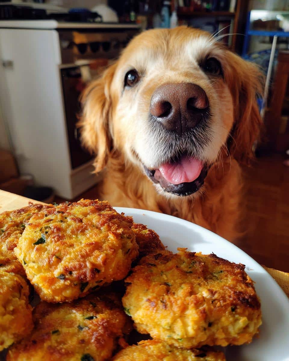 Golden retriever eagerly awaits a plate of Salmon & Broccoli Nuggets, a delicious and healthy dog treat.