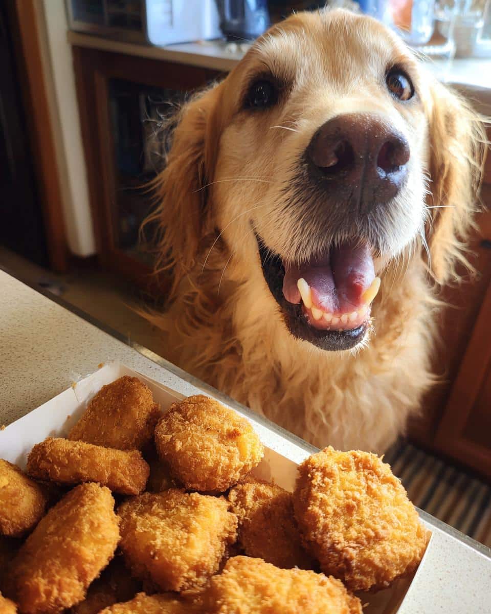 Golden Retriever eagerly awaits Salmon & Broccoli Nuggets. Close-up of dog and a box of homemade dog treats.